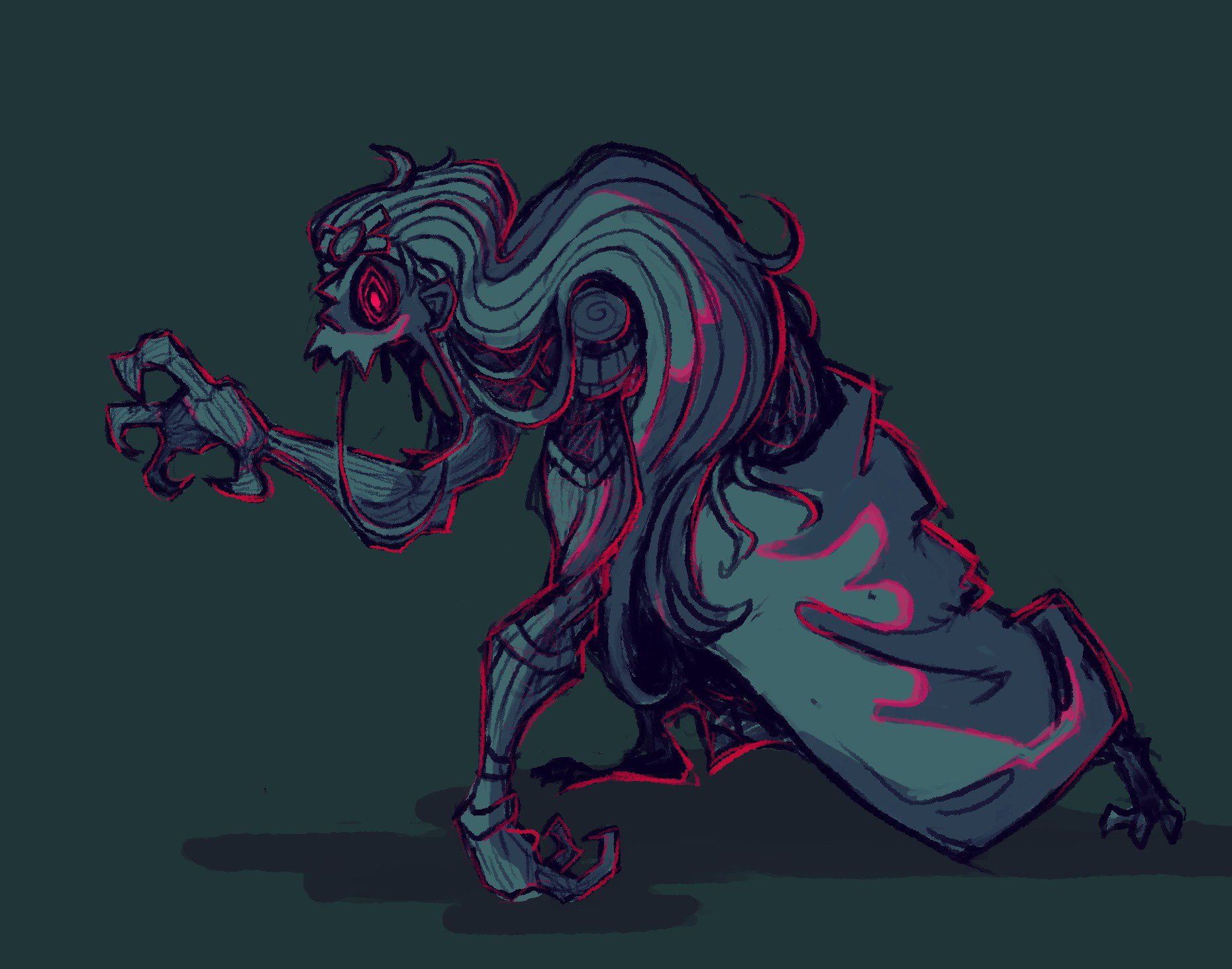 the image shows a stylized illustration of a horrifying, undead creature with glowing red eyes and claws. it appears to be in midstride, with its arms outstretched menacingly. the creature is rendered in shades of blue and teal, with glowing red accents highlighting its eyes and claws. the background is a dark teal, adding to the spooky atmosphere of the image.