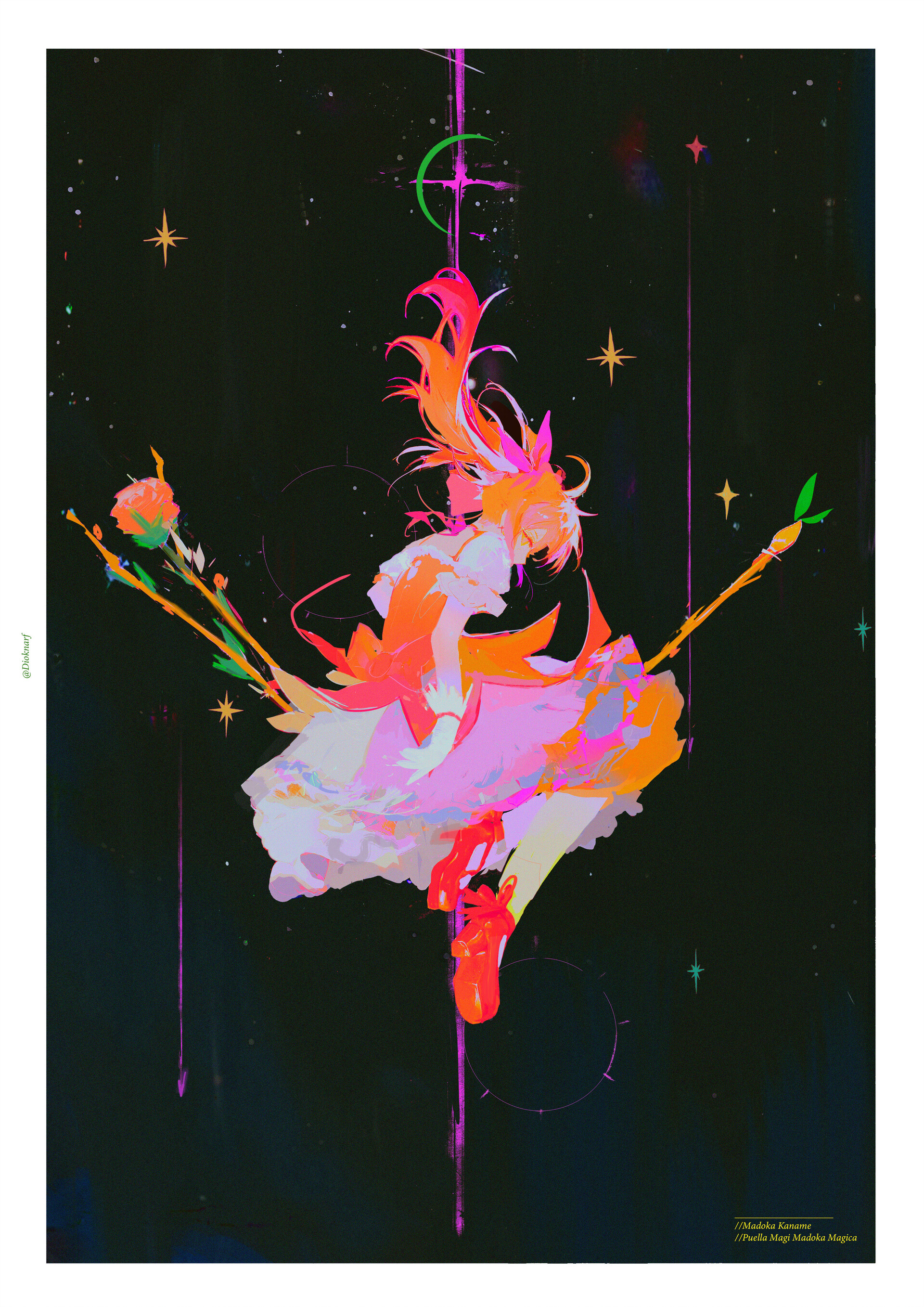 a young, animestyle girl dressed in a frilly pink, orange, and white dress floats against a backdrop of a starry night sky. her long, flowing hair is ablaze with vibrant orange hues. two ornate bows and arrows, adorned with flowers, flank her, their colors mirroring the vibrancy of her attire. a crescent moon hangs above her head, adding to the mystical and magical atmosphere. the overall image is awash in vibrant colors, creating a surreal and dynamic composition.
