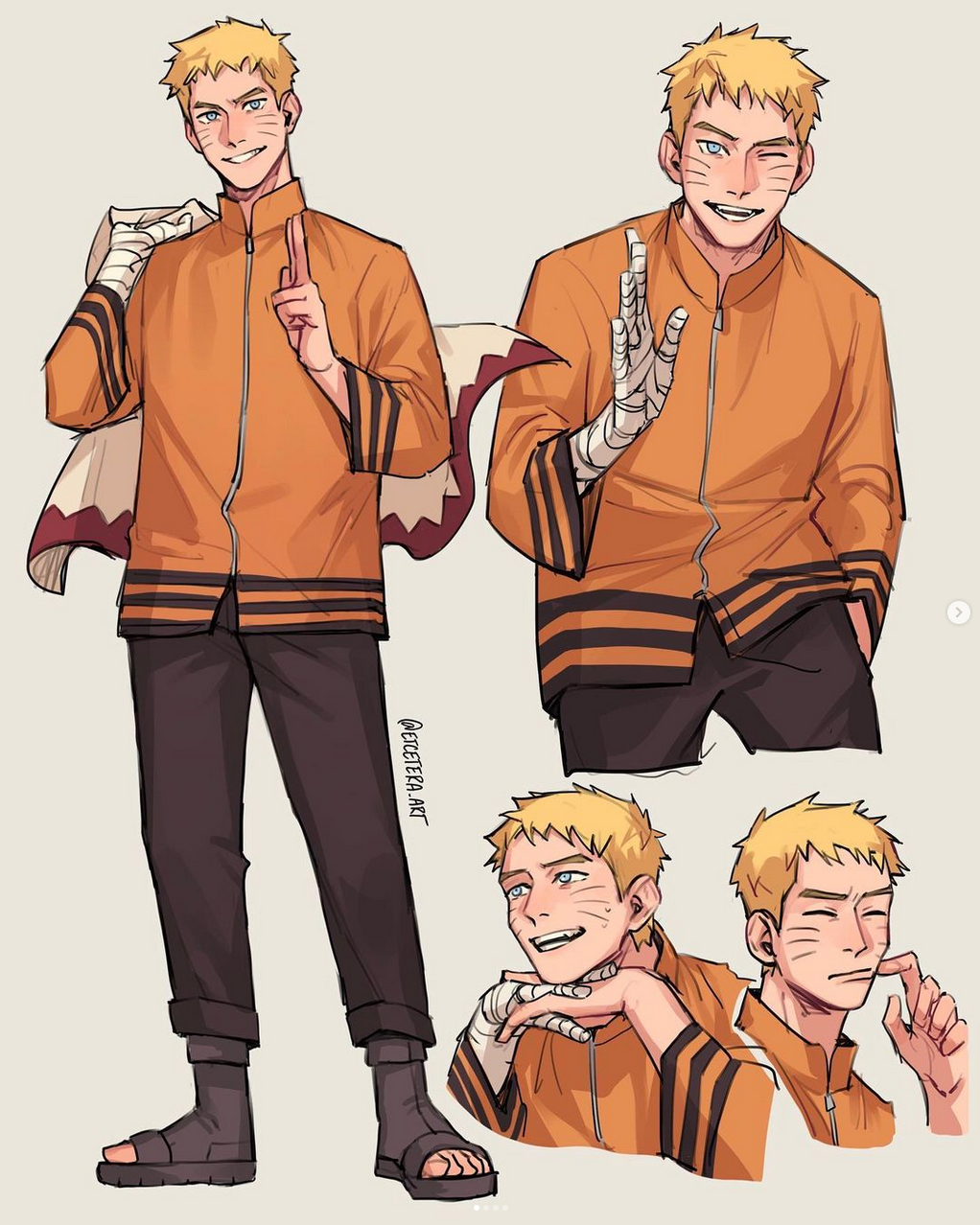 the image showcases four different poses of an older naruto uzumaki from the anime series naruto. naruto, depicted with his signature blond hair and blue eyes, wears his iconic orange and black hokage attire. the poses capture naruto's cheerful and energetic personality, with various expressions ranging from a peace sign to a playful smirk.