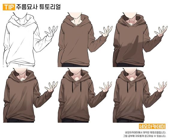 the image showcases a stepbystep tutorial on drawing folds and wrinkles on a hooded sweatshirt. six figures illustrate the process, starting with a basic outline and progressing through shading, shadowing, and highlighting. each figure offers a different level of detail, guiding the viewer through the nuances of depicting realistic fabric folds. the tutorial is presented in a clear and concise manner, making it ideal for artists of various skill levels.