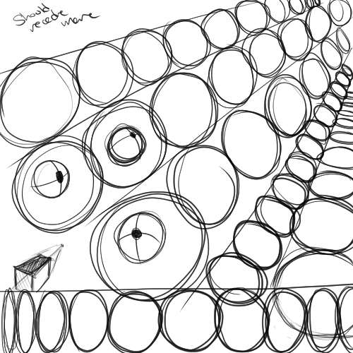 the image is a handdrawn sketch featuring numerous overlapping circles arranged in a perspective that creates a sense of depth and threedimensionality.  the circles vary in size, and their arrangement creates an illusion of receding rows, converging towards a vanishing point. the style is rough and informal, characteristic of a quick sketch or doodle, rather than a precise, finished artwork.  there are some small, darker circles within larger circles, adding texture and detail. at the bottom, there is a row of smaller, similarsized circles, forming a horizontal base to the design. in the bottom left corner is a small sketch of a rectangular box casting a shadow, potentially part of a separate design or idea. a handwritten note in the top left corner says "should reduce more". this suggests an intention behind the artwork related to simplification or reducing detail. the overall effect is an abstract, somewhat hypnotic composition that plays with visual perception and space.
