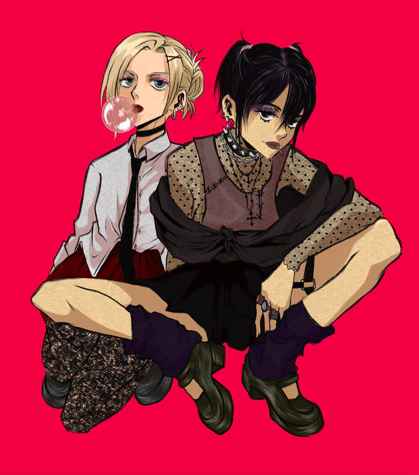 the image is a digital drawing or fanart depicting two female characters, styled in a modern, alternative fashion.  one appears to be mikasa ackerman from attack on titan, in a somewhat more casual school uniforminspired outfit, blowing bubblegum. the other character, resembling annie leonhart, is dressed in a goth/punk style outfit complete with a black dress, lace details, and chunky boots.  the setting is a simple, solid red background. the artistic style is a blend of anime and a more westernized comic bookesque aesthetic. both girls are posed sitting close together, suggesting a friendship or relationship. the overall mood is stylish and somewhat playful, with a juxtaposition of sweet and edgy elements.