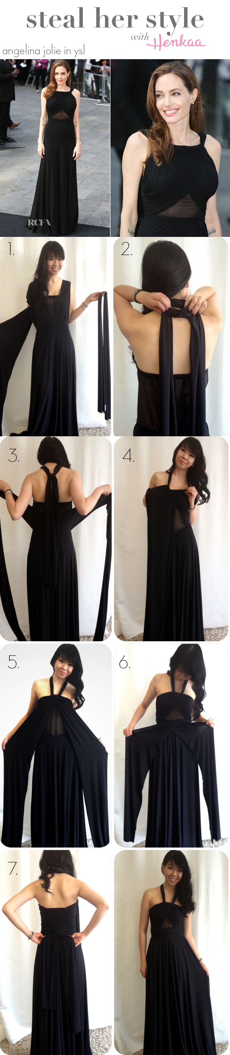 the image shows how to steal angelina jolie's style with a black dress. the image includes seven steps showing how to style the dress. the top of the image includes angelina jolie wearing a black dress.