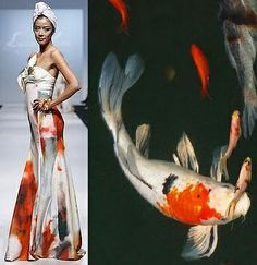 this image is a splitscreen. the left side features a fashion model in a bright and colorful dress inspired by koi fish. she is posed on a runway. the right side features a koi fish swimming through still water. the contrast between the two is striking. the fish are a vibrant orange and white while the model's dress incorporates the same colors and design of a fish's scales.