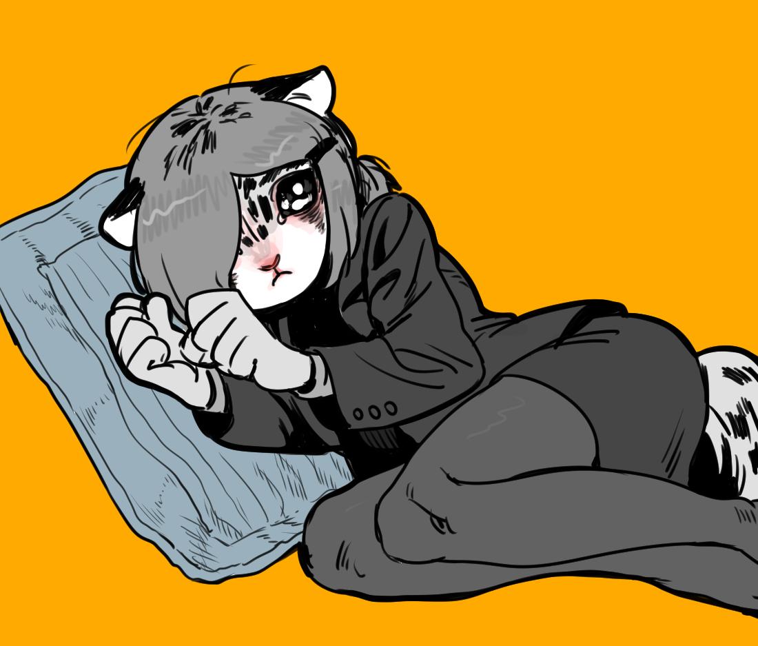 a cartoon character in a suit, with catlike features, is laying down on a pillow with their face in their hands looking sad and depressed.  they have a stripe pattern on their face and a long tail.  the background is a solid orange color.  the character appears to be in pain, sadness, or emotional distress.