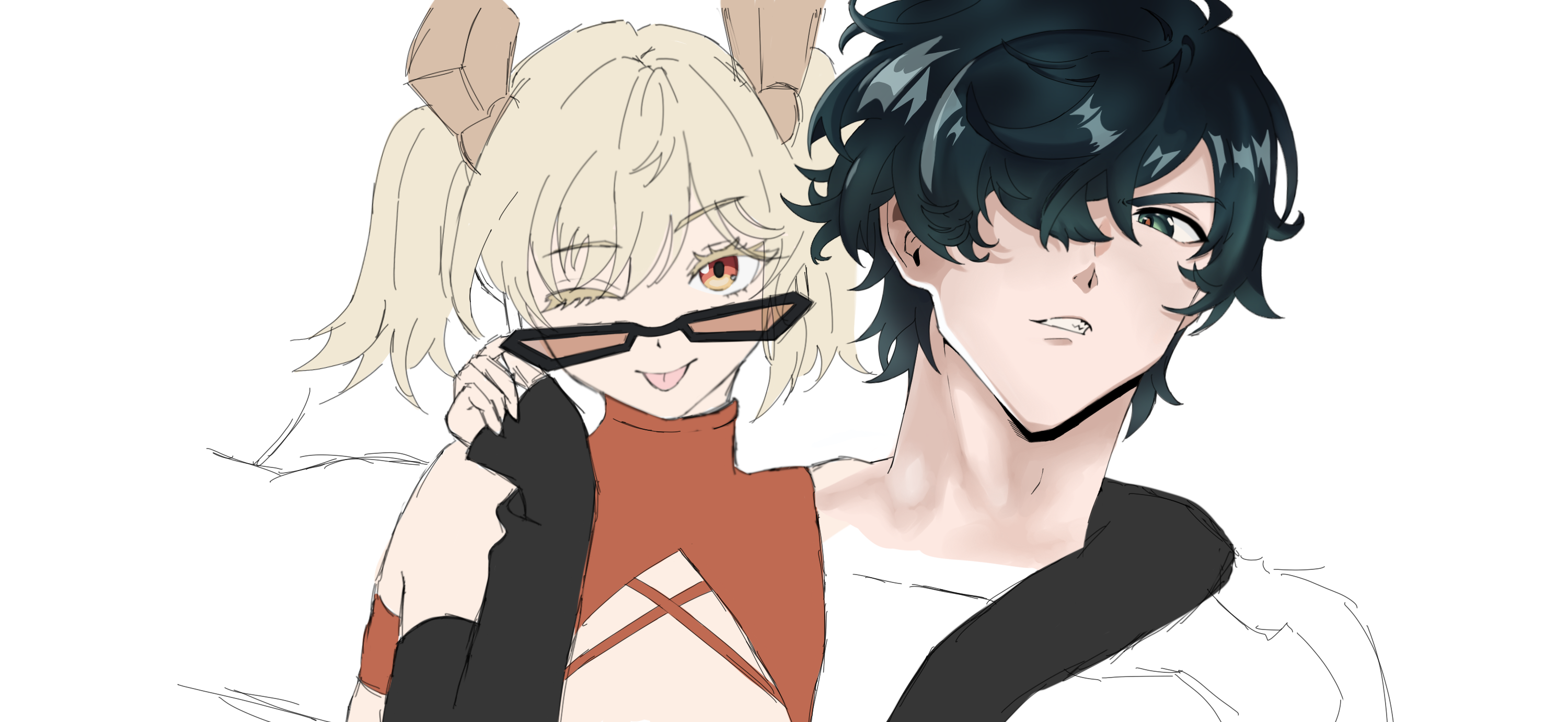 the image shows a digital drawing of an animestyle couple. the female character has blonde hair styled in pigtails with small, beige horns and is wearing sunglasses, a red top and black arm warmers. she is winking playfully. the male character has dark teal hair and is wearing a white shirt with a black collar.  they are positioned close together, suggesting a romantic or close relationship. the art style is casual and slightly sketchy, suggesting a work in progress. the background is plain white.