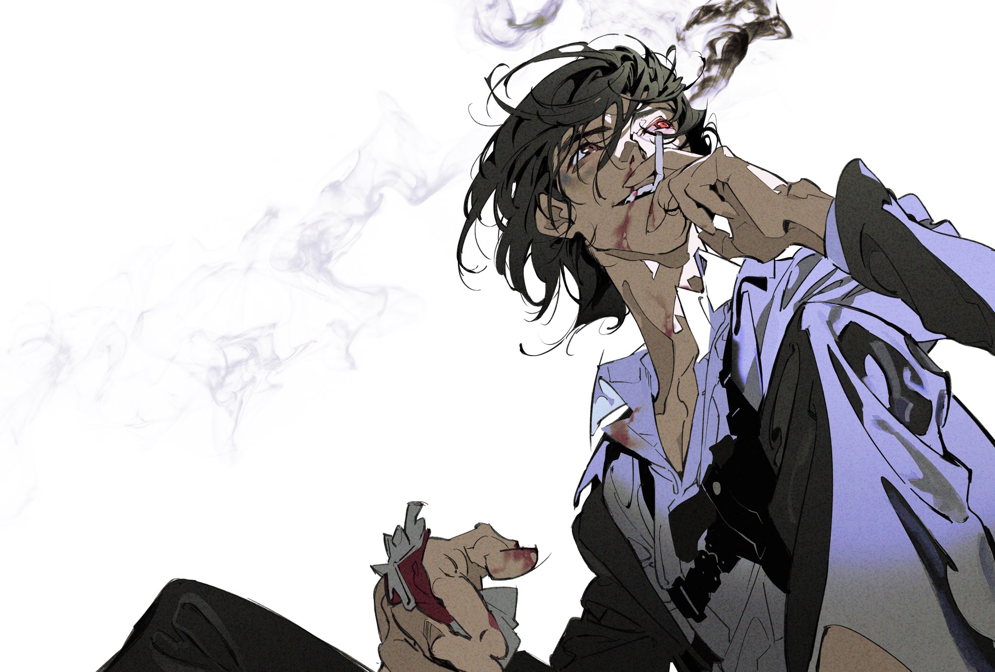 a wounded young man with midlength dark hair sits and smokes a cigarette. he is heavily stylized in an anime/manga style and has blood on his face and hands.  he wears a partially unbuttoned white shirt and dark jacket with the sleeves pushed up.  the image has a muted, somewhat dark color scheme.