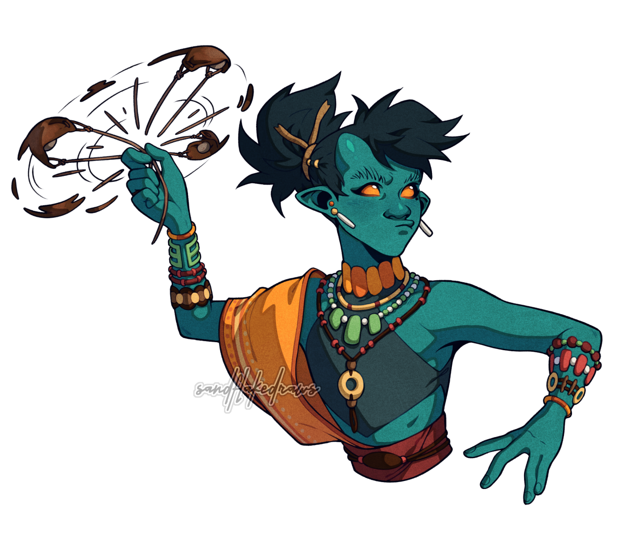 the image depicts a male fantasy character with blue skin, stylized pointed ears, and black hair styled in a topknot. he is adorned with tribal jewelry, including necklaces, bracelets, and armbands. he wears an orange fabric wrap and a brown loincloth. he is posed dynamically, seemingly in the midst of throwing multiple stylized knives. the background is pure white.