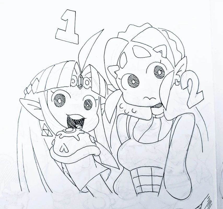 a black and white line drawing of two anime girls. the girl on the left is an elf with pointy ears and long hair. she is wearing a dress and is holding a cake. the girl on the right is wearing a dress and has a ribbon in her hair. she is smiling. the image is a celebration of a birthday. the number 1 and 2 are written on the top of the image.