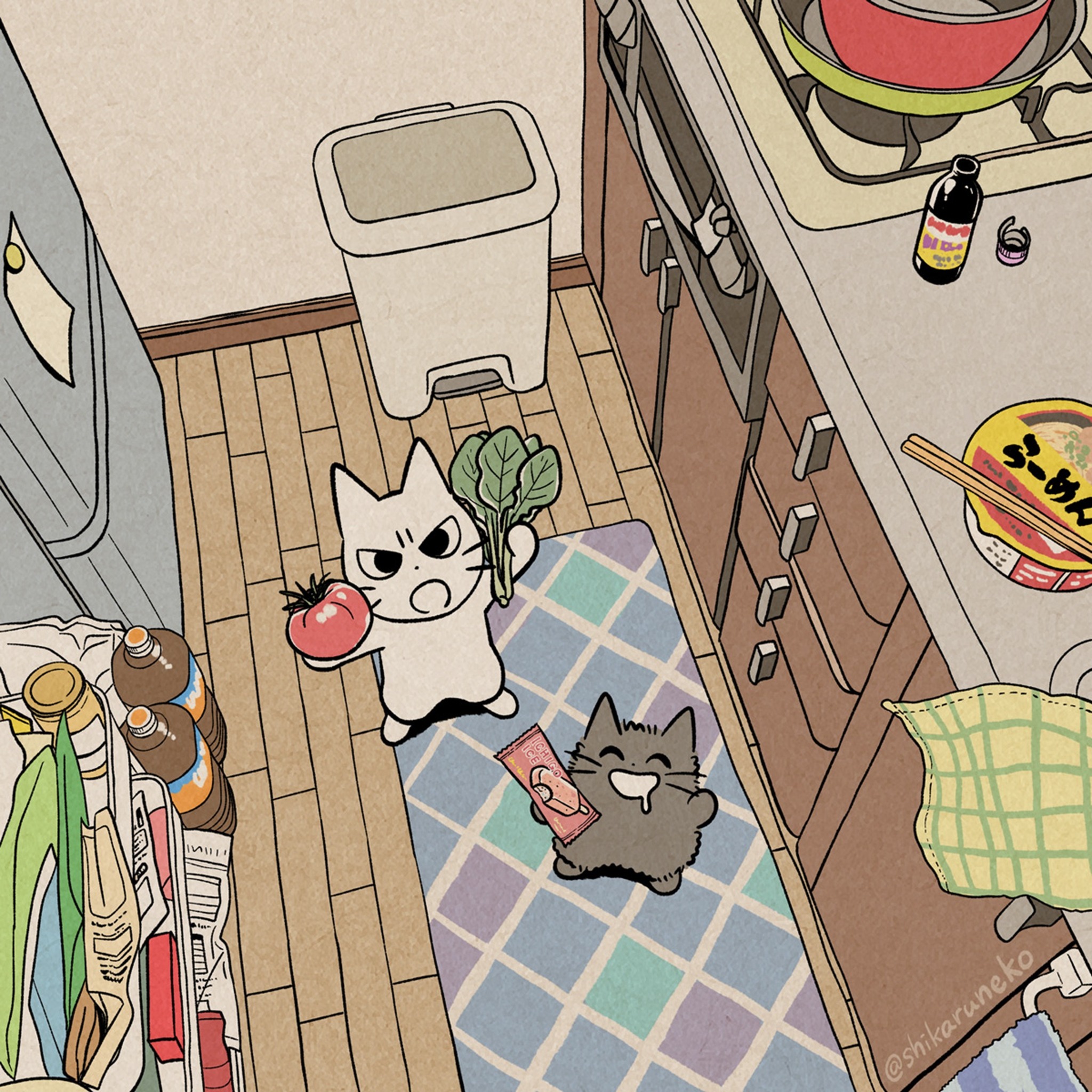 the image is a charming cartoon illustration, possibly in an anime or manga style, depicting two cats in a kitchen setting.  one white cat is holding a tomato and a bunch of spinach, appearing slightly grumpy. the other, a darkercolored cat, holds a package of what looks like a snack or seasoning.  the kitchen is depicted in a topdown view, showing various elements like a refrigerator with groceries inside, a trash can, a stovetop with a pot, a sink with ramen noodles, and other kitchen utensils.  the cats are the focal point, and the overall style is playful and cute. the artist's signature "@shikaruneko" is present in the bottom right corner. the overall color scheme is muted and warm, reminiscent of a vintage or nostalgic aesthetic.