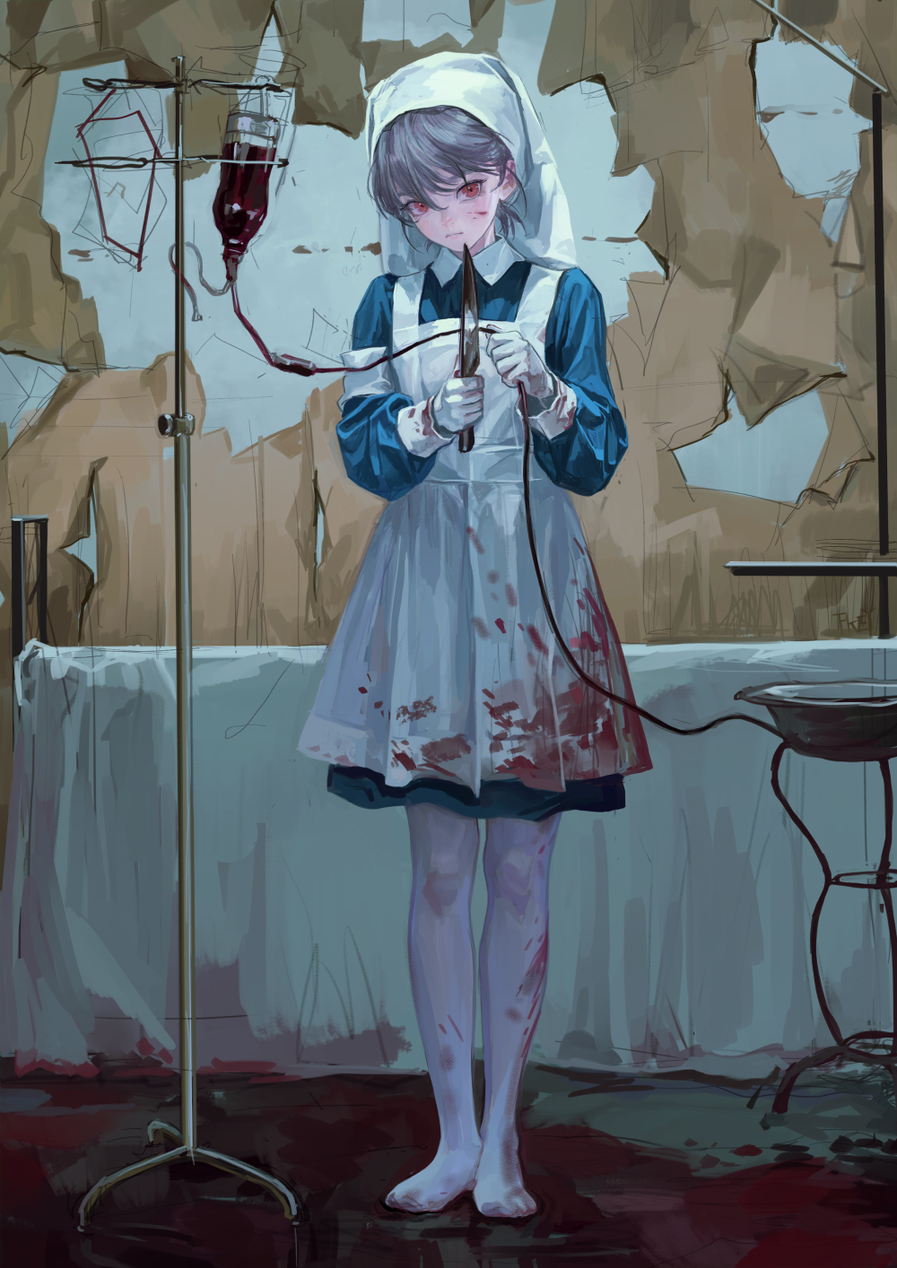 an unsettling animestyle illustration depicts a young nurse in a bloodsplattered environment. she wears a traditional blue and white nurse uniform, white stockings, and is barefoot. in her gloved hands, she holds a knife, seemingly about to cut the tube of a blood bag hanging from a medical stand. the room is in disrepair, with peeled wallpaper and blood on the floor and the nurse's uniform, further enhancing the disturbing atmosphere.
