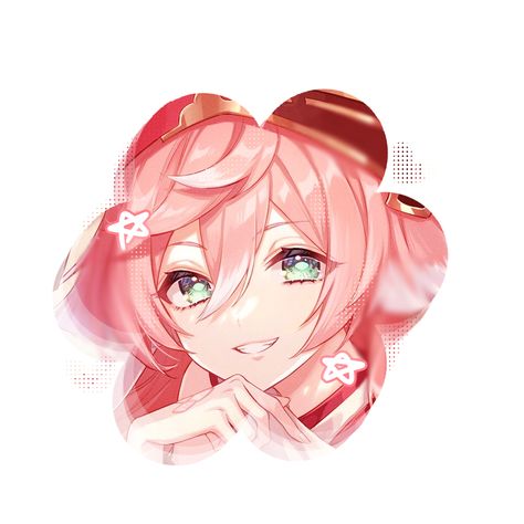 this is a closeup illustration of an anime girl with pink hair and green eyes. she is smiling and her hands are clasped together in front of her. the lighting is soft and the overall tone of the image is warm and inviting.
