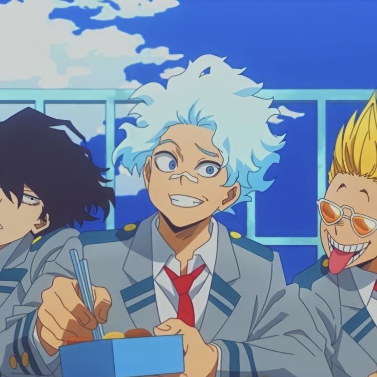 the image is a colorful cartoon drawing of two anime characters, one with blue hair and the other with yellow hair.  they are sitting at a table and eating a meal out of a blue lunch box with chopsticks. the blue haired character is smiling and holding a box of food in front of him. the yellow haired character is laughing and has his tongue sticking out.  both characters are wearing school uniforms. the background is a blue wall with a window.