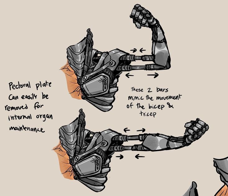 the image shows a detailed concept sketch of a robotic or biomechanical arm.  the drawing is done in a handdrawn style with black and grey tones. the sketch highlights the arm's mechanics, particularly how two internal bars mimic the movement of a bicep and tricep.  a pectoral plate is shown, with a note indicating it's easily removable for internal maintenance.  different angles of the arm are presented to showcase its functionality and design. the style suggests it is preliminary design work for a larger project, perhaps in the context of game design, robotics, or illustration.