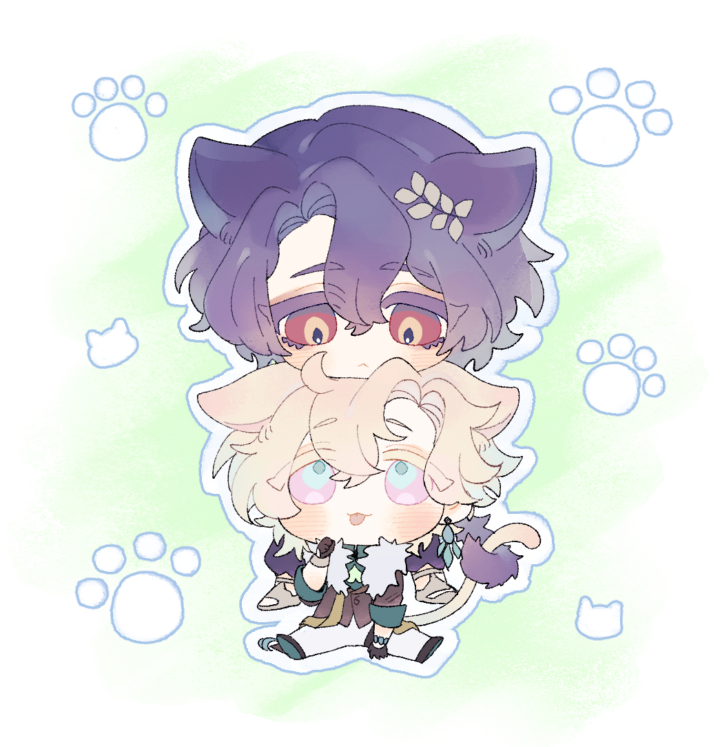 the image is a digital drawing of two chibistyle anime boys. the taller one has purple hair and cat ears, while the shorter one has blonde hair and cat ears as well. they are drawn in a cute, kawaii style with pastel colors. the taller boy has his arm around the shorter boy, giving the impression of affection. paw prints are scattered in the light green background, adding to the cute and playful aesthetic. the overall style is soft and gentle.