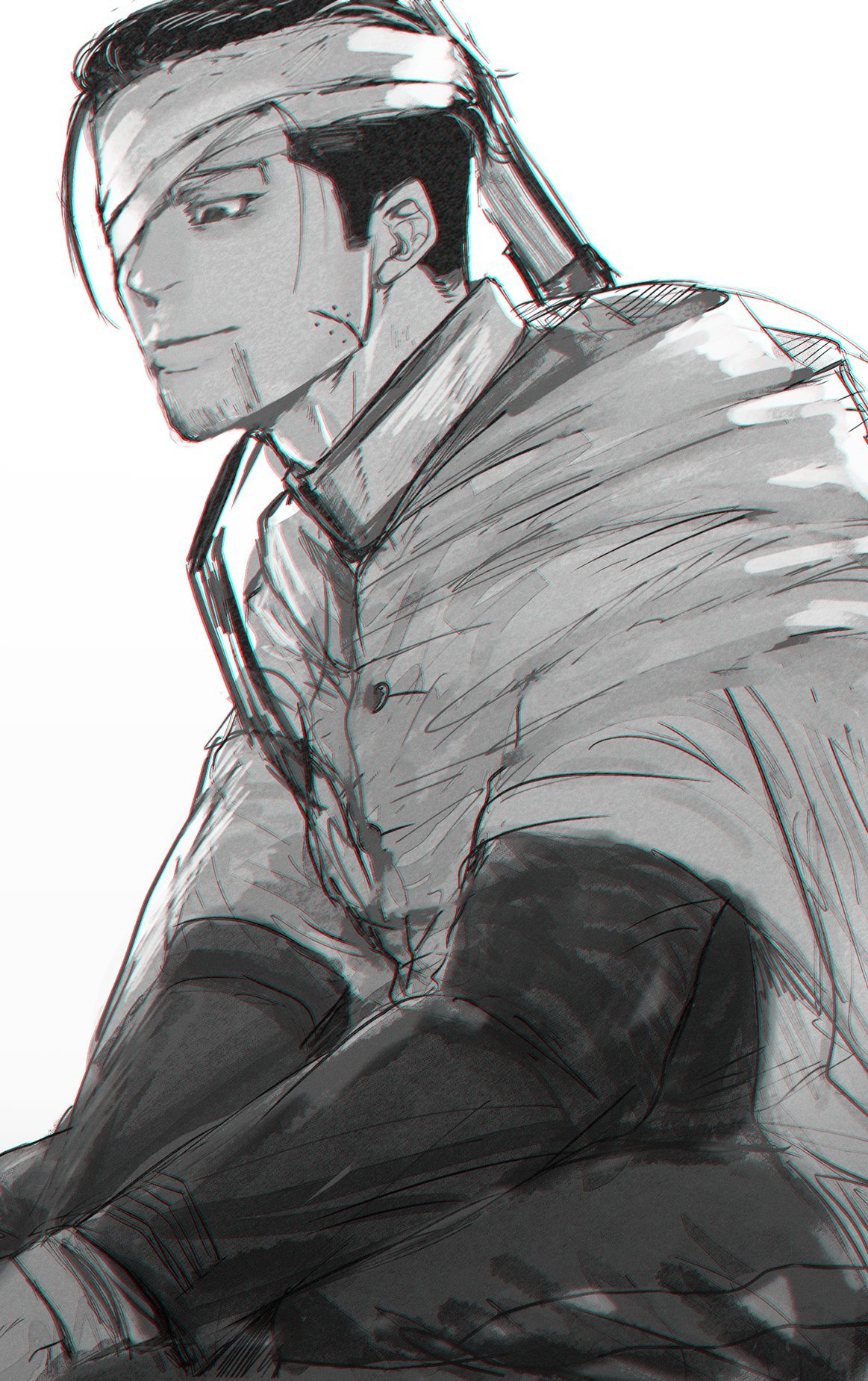 a drawing of an anime boy character sitting with a worried and sad expression. he has a bandage over his eye and is wearing a long coat with a button. the art style is sketched and black and white.