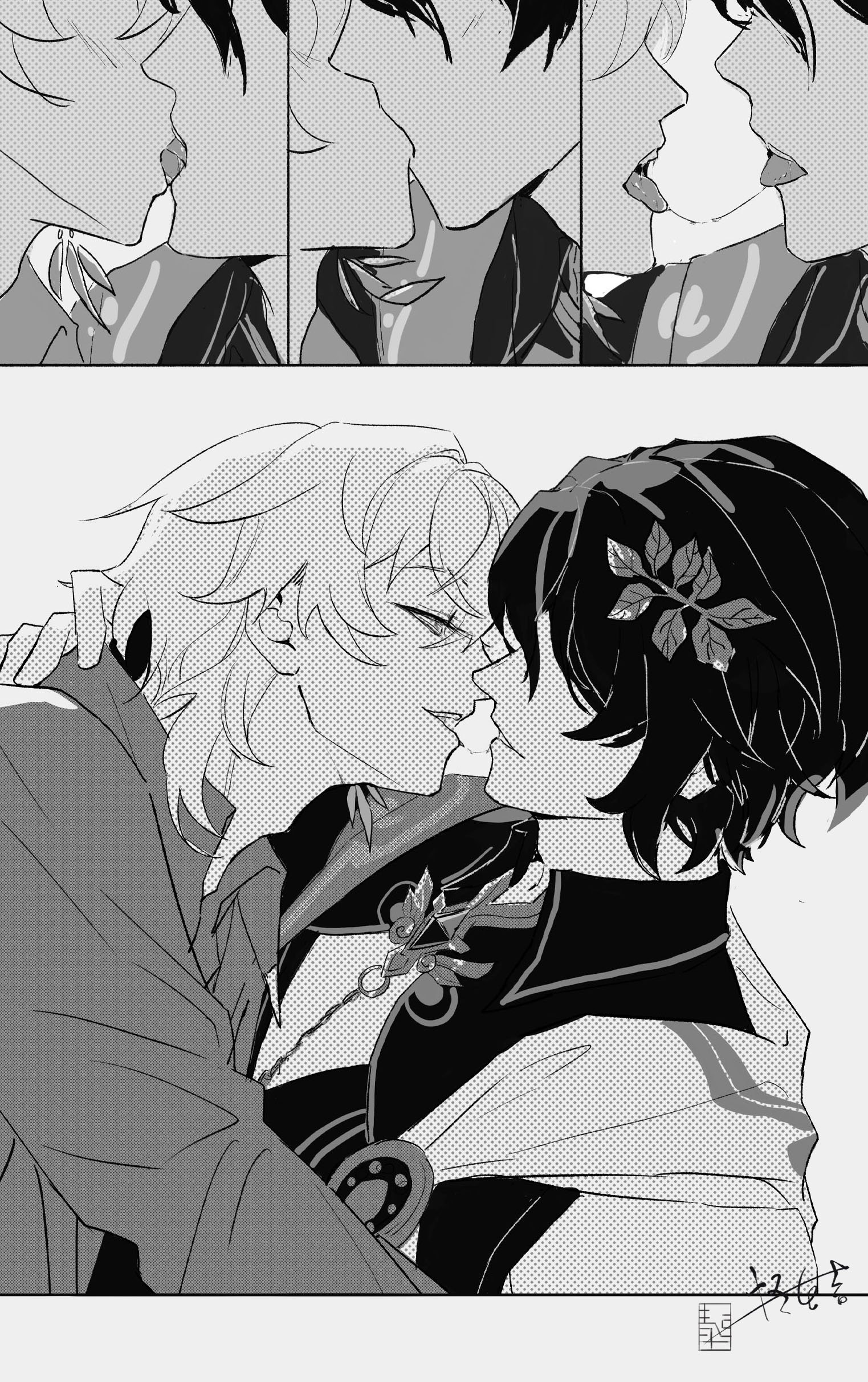 he image is a monochrome illustration showcasing several panels depicting romantic scenes between young men. the style is reminiscent of manga or anime, with clean lines and expressive characters. the top section displays three separate but similar kiss scenes between pairs of young men, each with distinct hairstyles and clothing. the bottom section focuses on a more detailed, intimate depiction of two men embracing and sharing a kiss. their hair is detailed and flows expressively, and one of them seems to be wearing clothing with intricate embellishments, suggesting a fantasy or historical setting. the overall mood is romantic and passionate. the artist's signature or watermark is visible in the bottom right corner. the grayscale palette enhances the emotional impact, adding a layer of soft intimacy to the scene.