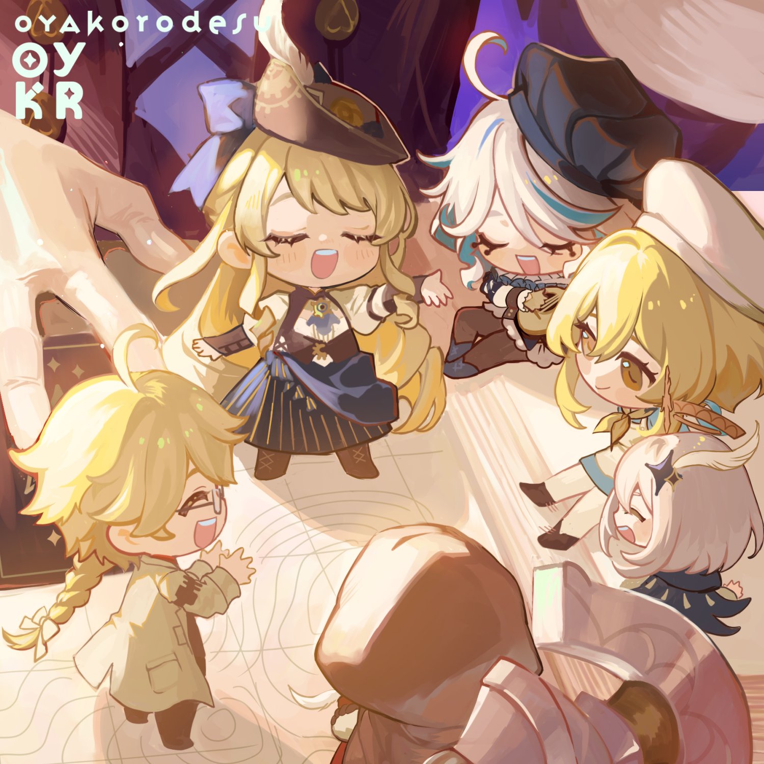 a group of cute anime girls in chibi style are gathered together, all smiling and looking happy. they are dressed in colorful clothes and seem to be having a great time. the background is a blur of colors, suggesting they are in a magical or fantasy setting. the overall tone of the image is light and fun, and it evokes feelings of happiness and joy.