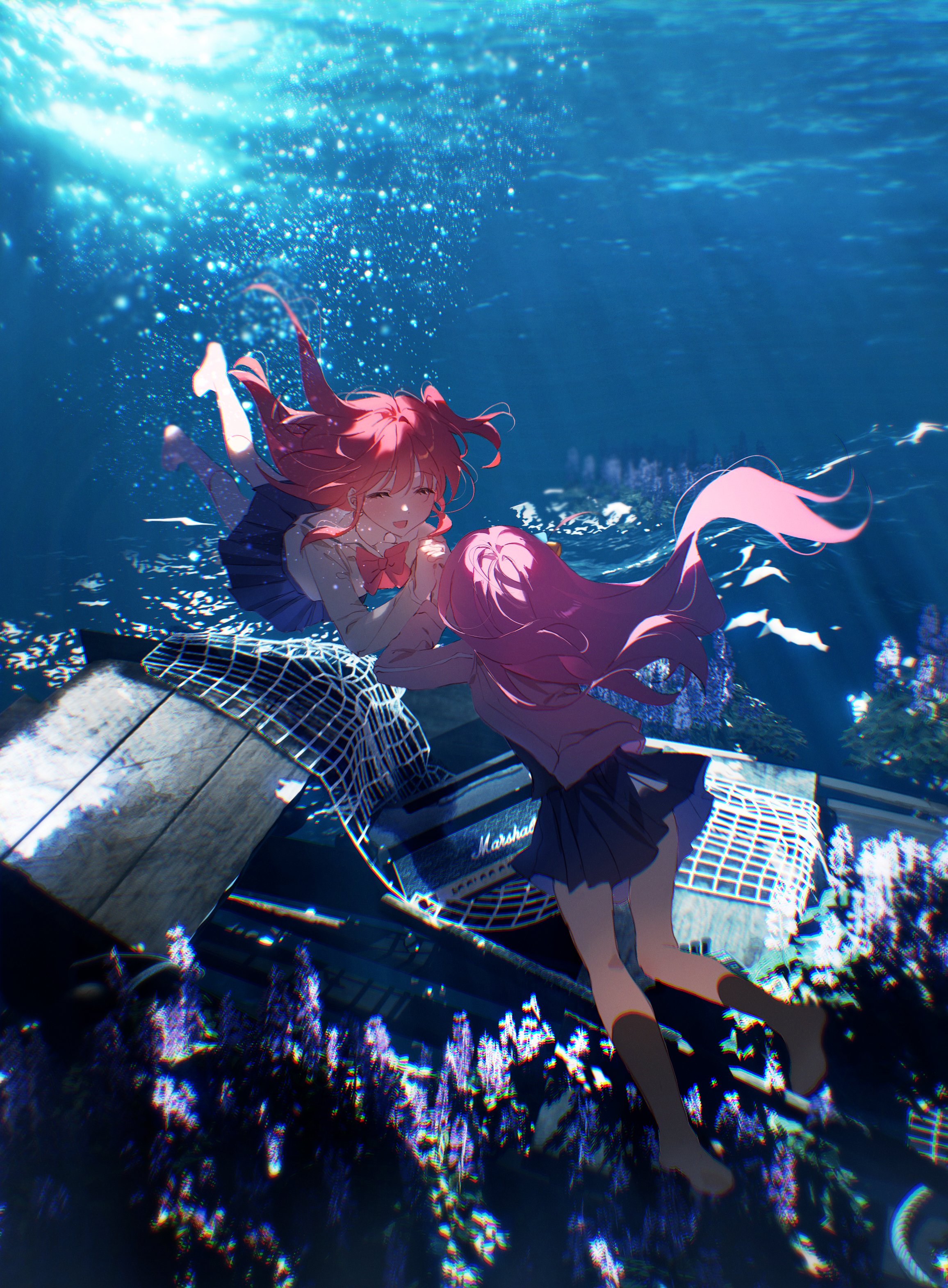 he image is a digital painting depicting two anime girls underwater. they appear to be embracing or hugging each other, and they have long pink hair. they are near a sunken or sinking boat, with a net visible. the water is a deep blue, and there is sunlight filtering from above. purple aquatic plants are scattered around the wreckage. the overall mood is melancholic and slightly mysterious. the art style is detailed and expressive.