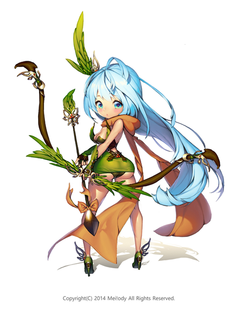the illustration features a young, animated female elf. she's poised in a dynamic stance, her back facing the viewer, while her upper body twists to reveal her face and a portion of her front. her attire, primarily shades of green and brown, reflects a natureinspired theme, complemented by a leafy crown and accents. her weapon of choice, a meticulously detailed bow and arrow, further emphasizes her role as a skilled archer. the soft lighting and vibrant color palette enhance the overall enchanting and whimsical atmosphere of the artwork.