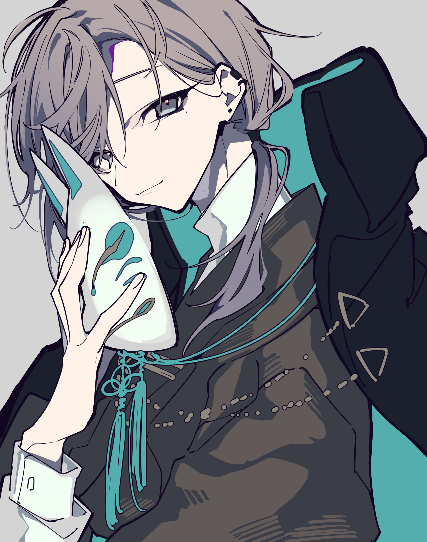 the image shows an animestyle character of a male holding a mask to his face. he is wearing a dark coat over a white shirt. the male has grey hair, greycolored eyes, and fair skin. the mask he holds is white, with a blue/teal design and blue/teal tassels hanging from the bottom. he has piercings on his ears, and there is a dark purple marking on his forehead. the clothing has a pattern of small white dots. the background is a light grey and teal/blue.