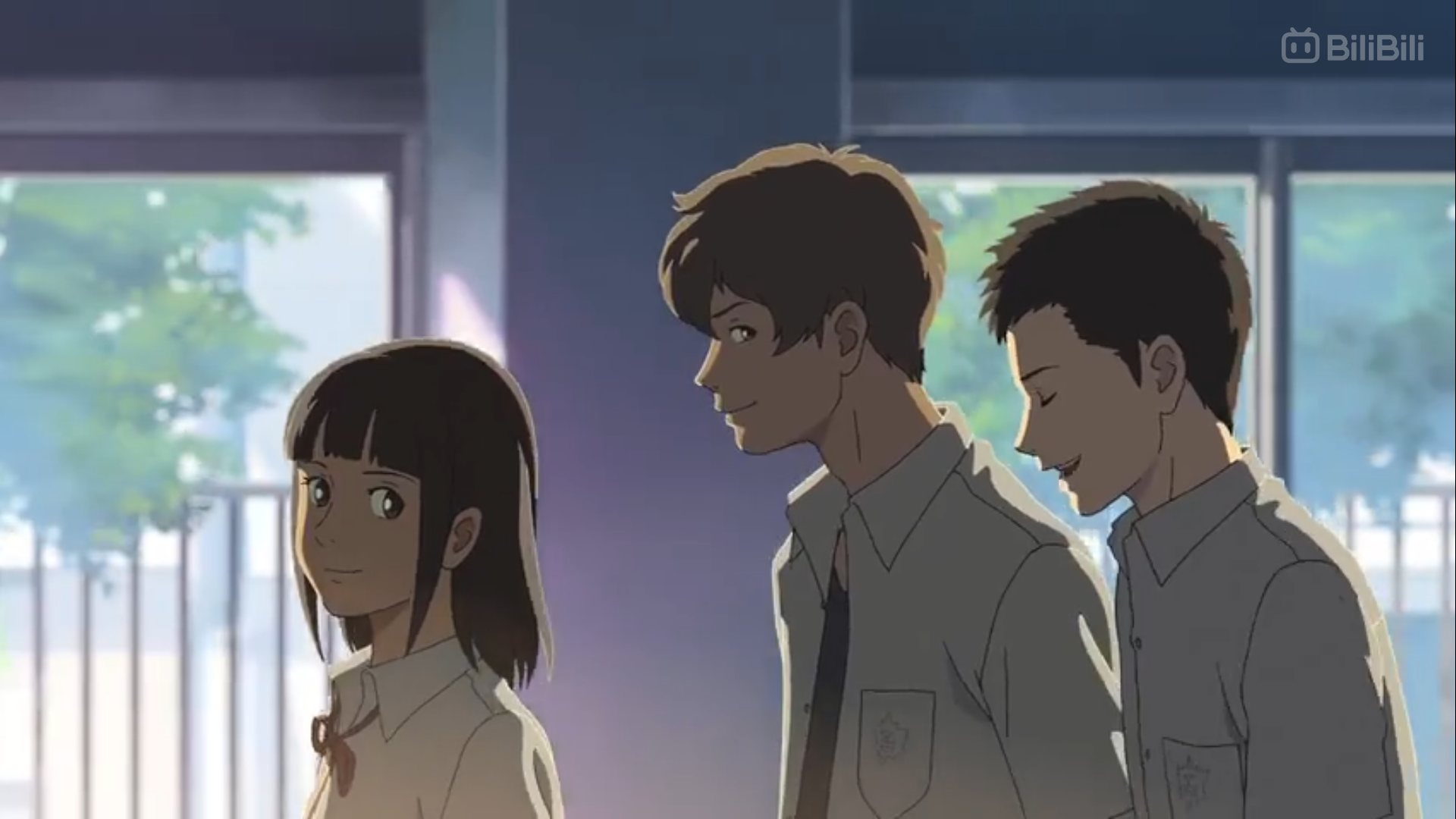 the image shows three anime characters, likely high school students, standing in a welllit hallway.  the girl, positioned on the left with short dark hair, smiles subtly while facing the two boys to her right. both boys wear identical light gray uniforms with dark blue ties and have short brown hair. the boy closest to the viewer has his eyes closed in a gentle smile, while the other boy looks towards the girl with a relaxed, happy expression. the soft lighting and focus on the characters create a warm and intimate atmosphere. the scene likely depicts a casual, everyday moment in the lives of these students.
