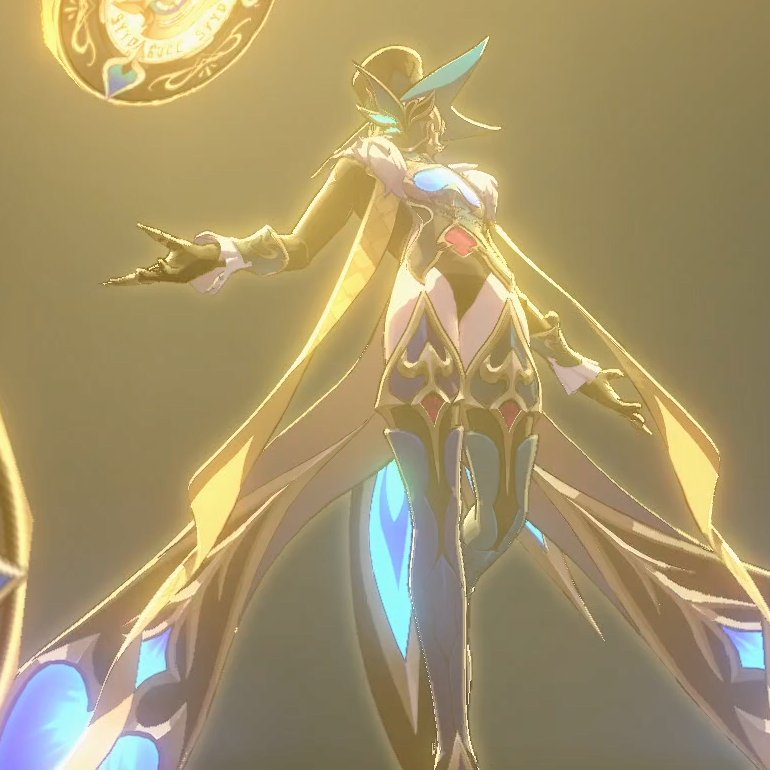 this is a digital illustration of a female anime character in an elaborate golden and blue outfit, standing in a golden, glowing light. she is wearing a hat with a blue brim and black feathers, a long gold cloak, and a black and white suit with blue accents. her hair is white and her eyes are blue. she is looking ahead, and her wings are spread behind her.
