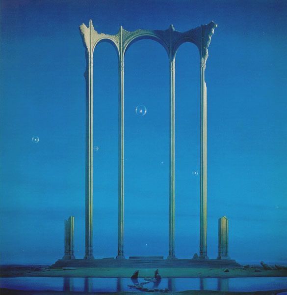 the image features a surreal landscape with ancient architectural ruins dominating the scene. the ruins consist of tall, slender arches supported by columns, standing on what appears to be a lowlying landmass or platform near the water's edge. the structure is weathered and partly destroyed, adding to the sense of age and decay. the reflections of the columns and the sky are visible in the water, creating a sense of depth and mirroring. bubbles floating in the clear blue sky, are visible, as if underwater. the horizon is very low, emphasizing the height and scale of the ruins. the overall effect is dreamlike and evocative, suggesting a lost or forgotten world.