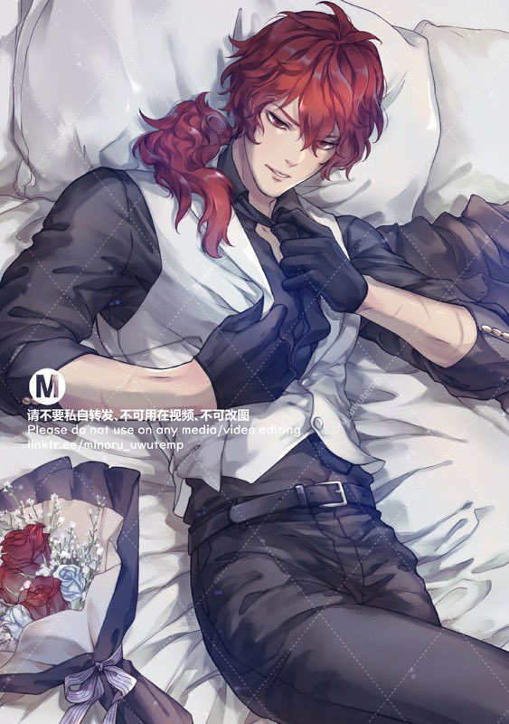 the image shows an animestyle portrait of a man with red hair, lying in bed, wearing a white shirt, black pants, and a tie. he is holding a black glove in one hand, while adjusting his tie with the other. his hair is tied with a loose ponytail. there is a bouquet of flowers on the bed next to him. the image is digitally drawn and the style is similar to manga art.