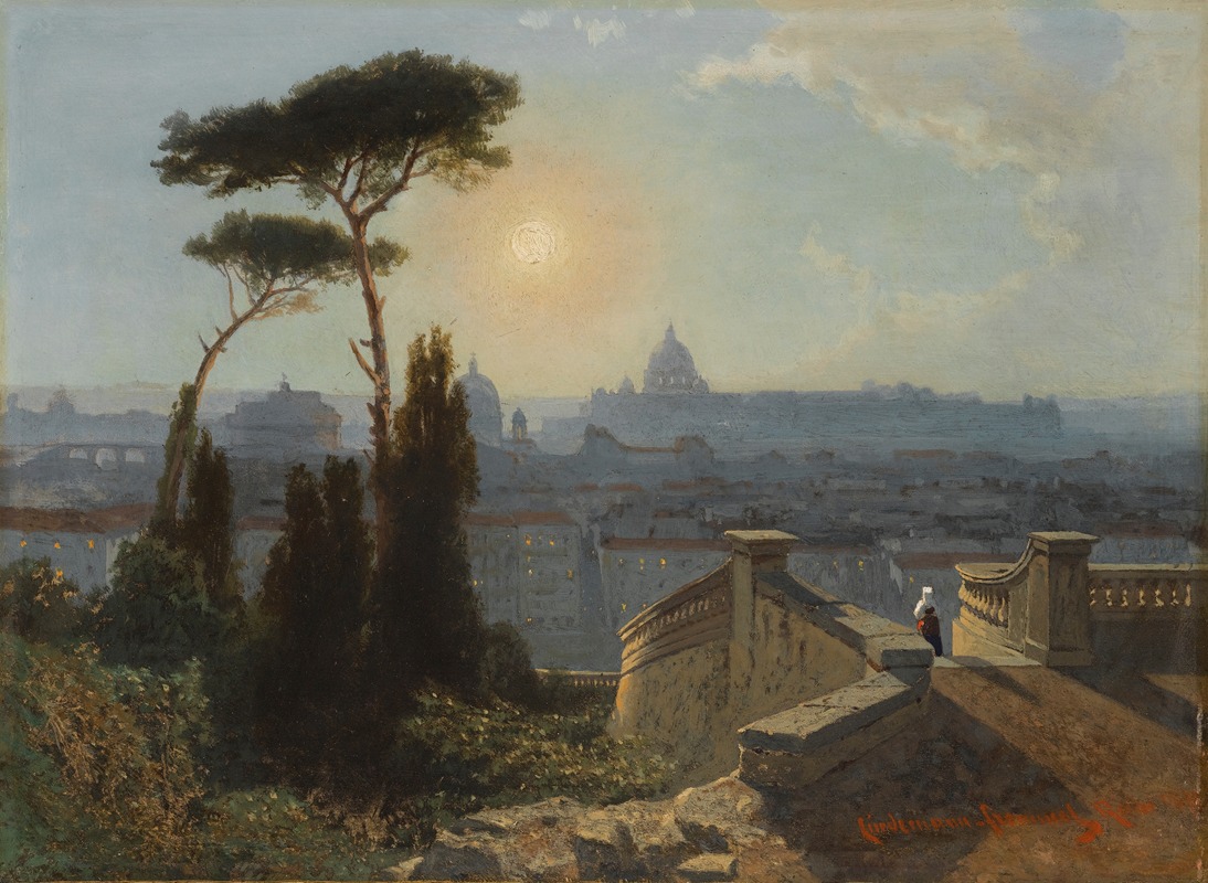 painting of rome, italy, with saint peter's basilica in the background at sunset, featuring trees, a woman on a balcony, and various buildings and domes under a hazy sky.