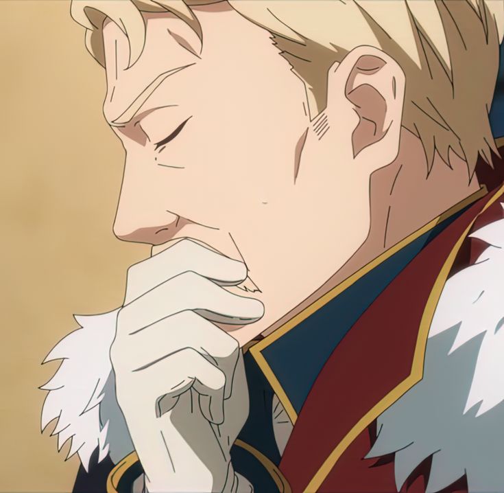 this is an anime art style drawing of a man with blond hair wearing a red and gold uniform with a fur collar. he's wearing a white glove and thinking while looking down. he appears to be worried or frustrated.