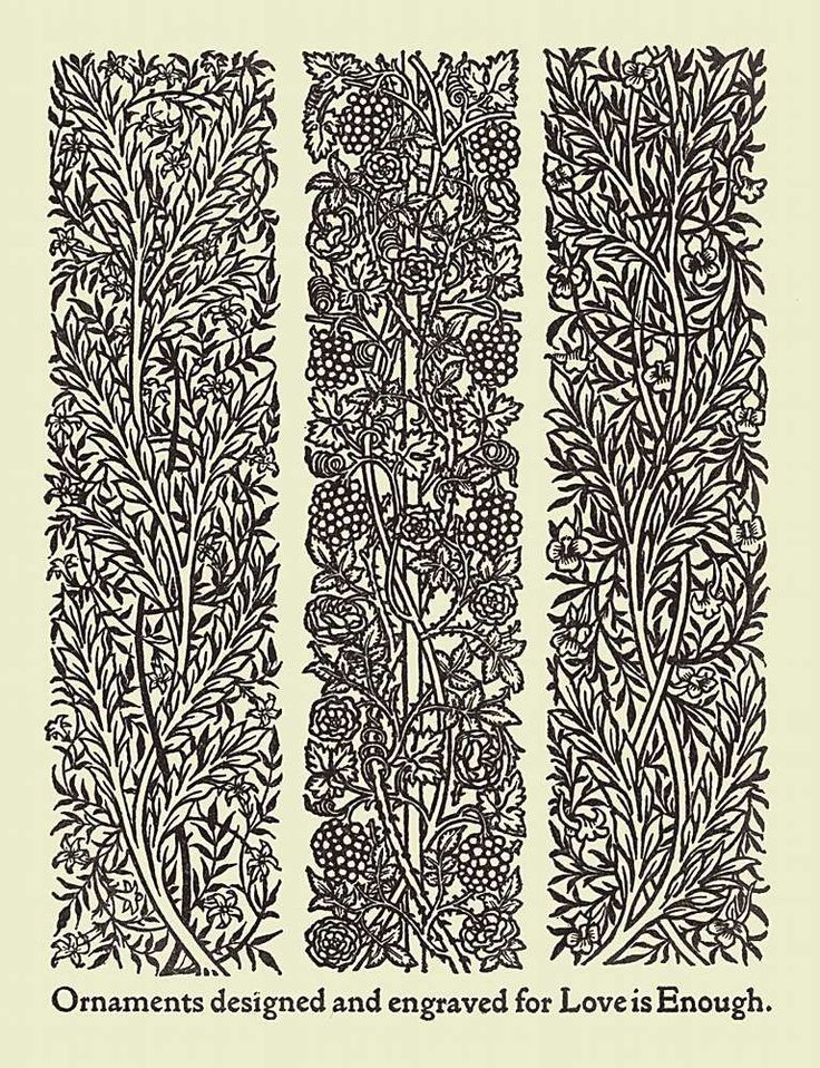 three black and white floral ornaments designed and engraved for "love is enough". the ornaments are composed of intricately detailed botanical elements, including leaves, flowers, and berries. they are arranged in a symmetrical pattern, creating a visually pleasing and elegant design. the ornaments are likely from a vintage book or publication, and they are characteristic of the art nouveau style.