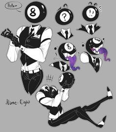 a black and white character design sheet for a character named "eight", who is based on an eight ball. the character is drawn in various poses and expressions, including a fullbody pose, a headshot with a question mark, and a playful pose with a long tongue. the character is wearing a suit and has a mischievous personality.
