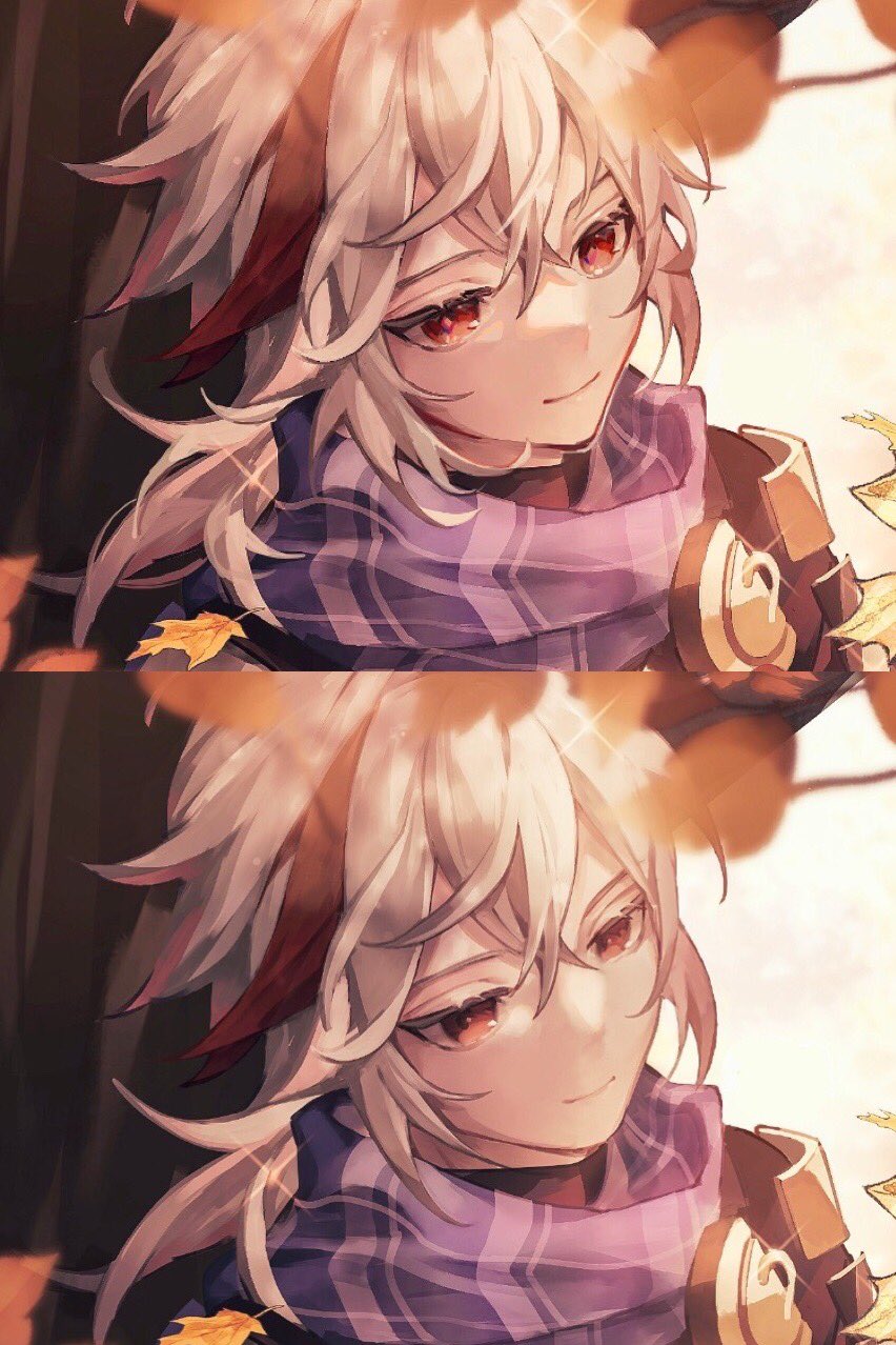 a drawing of an anime boy with white hair, red eyes, and a red headband. he is wearing a purple and white scarf and is surrounded by autumn leaves.  the art style is typical of manga and anime.