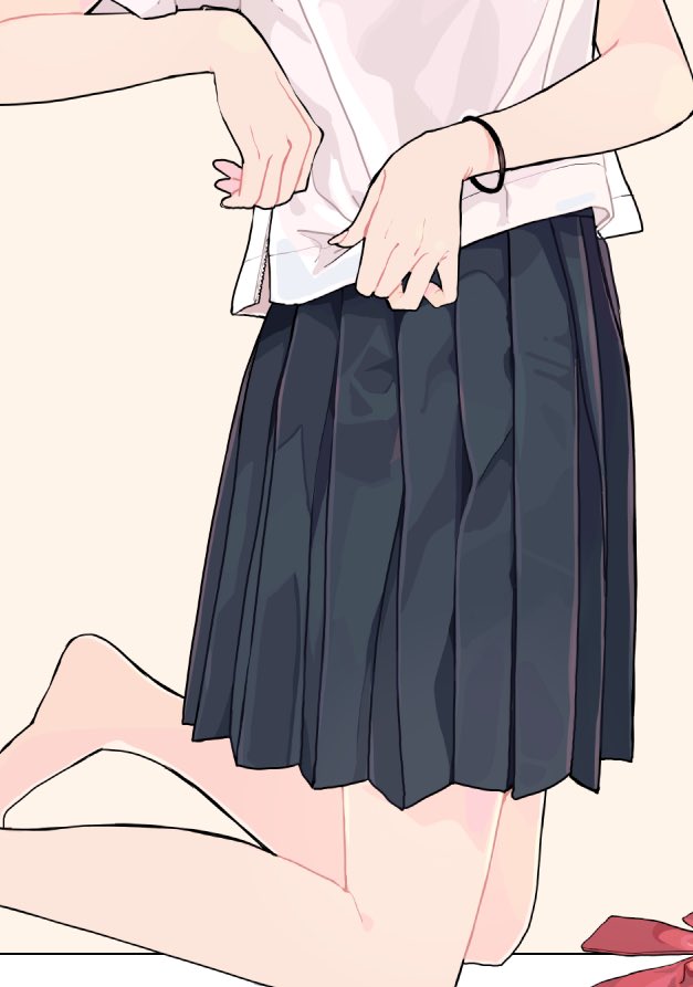 an anime style image featuring a girl in a school uniform with a white shirt and pleated skirt. she is kneeling with one leg visible, and her hands are on her shirt. she has pale skin and wears a hair tie on her wrist. the image focuses on the torso and legs, with no face visible.