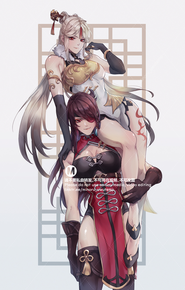 the image shows two anime girls. the girl on the bottom is wearing a black and red chinesestyle dress and is carrying the other girl on her shoulders. the girl on top is wearing a white and gold chinesestyle dress with long white hair. both girls have red eyes and are looking at the camera.