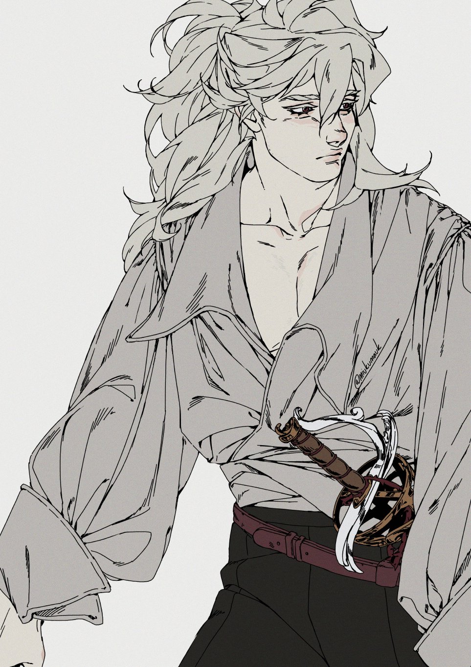 a black and white illustration of a man with long, white hair, wearing a grey shirt and black pants. he has a sword strapped to his belt. the man is looking down and appears to be lost in thought. his facial expression is stoic, and his body language is relaxed. the illustration is done in a simple style, with emphasis on the lines and shapes.