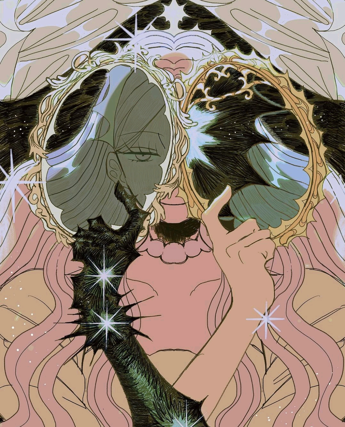 the image is an animestyle drawing of a figure with pink hair holding two ornate mirrors. one mirror reflects the figure's face, while the other reflects a dark, starry sky. a thorny arm reaches across the figure, and the overall style is fantasythemed.