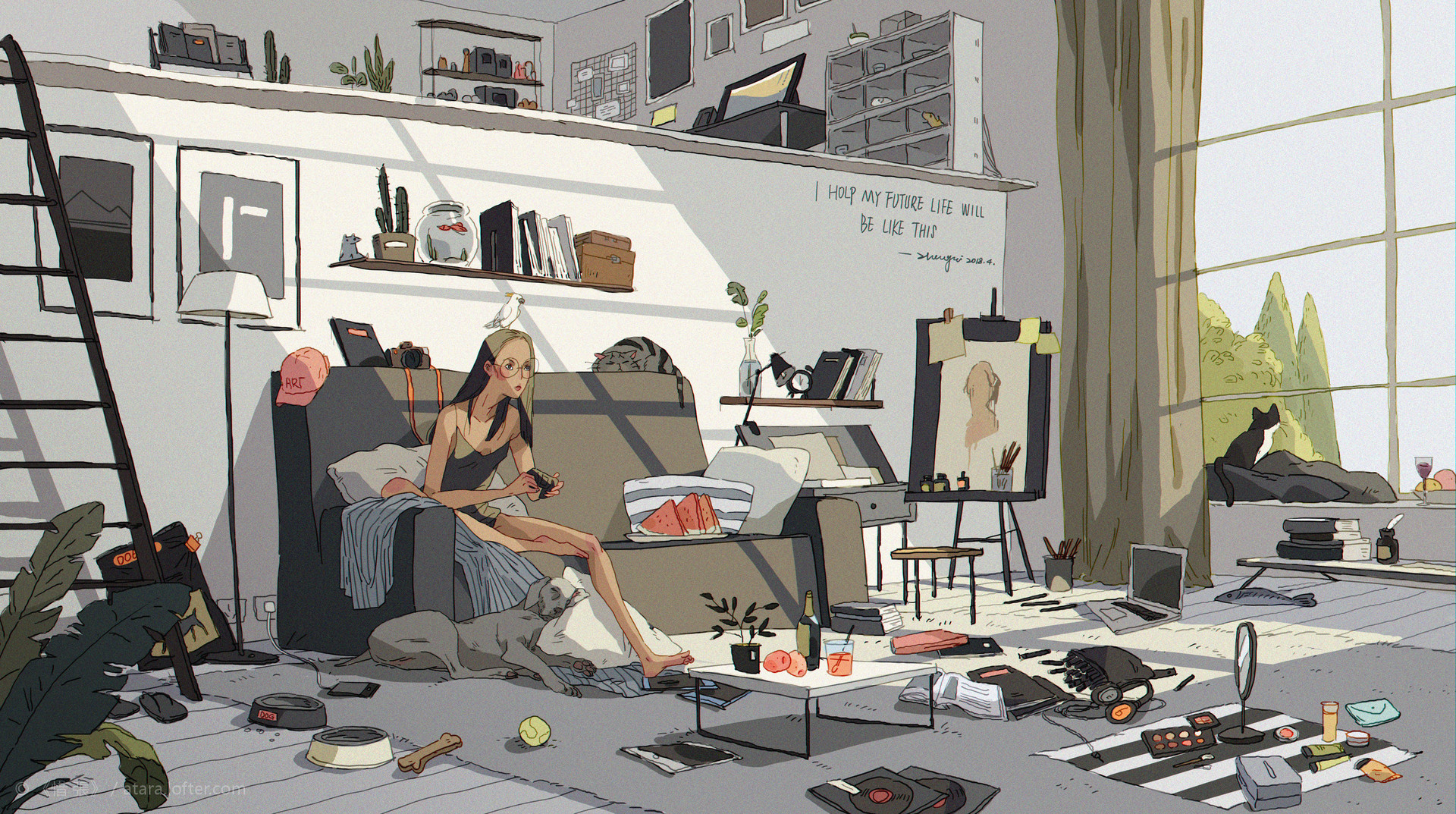 the image is a colorful and cozy illustration of a young woman relaxing on a couch in her home. she is surrounded by various items that suggest creativity and artistic pursuits, including paintbrushes, an easel with an unfinished painting, books, and a plant. there is a cat sitting on the windowsill, looking out at the garden.  the room is bathed in warm sunlight, creating a sense of peace and tranquility. the overall tone of the illustration is cheerful and optimistic, suggesting that the woman is enjoying her life and surroundings.