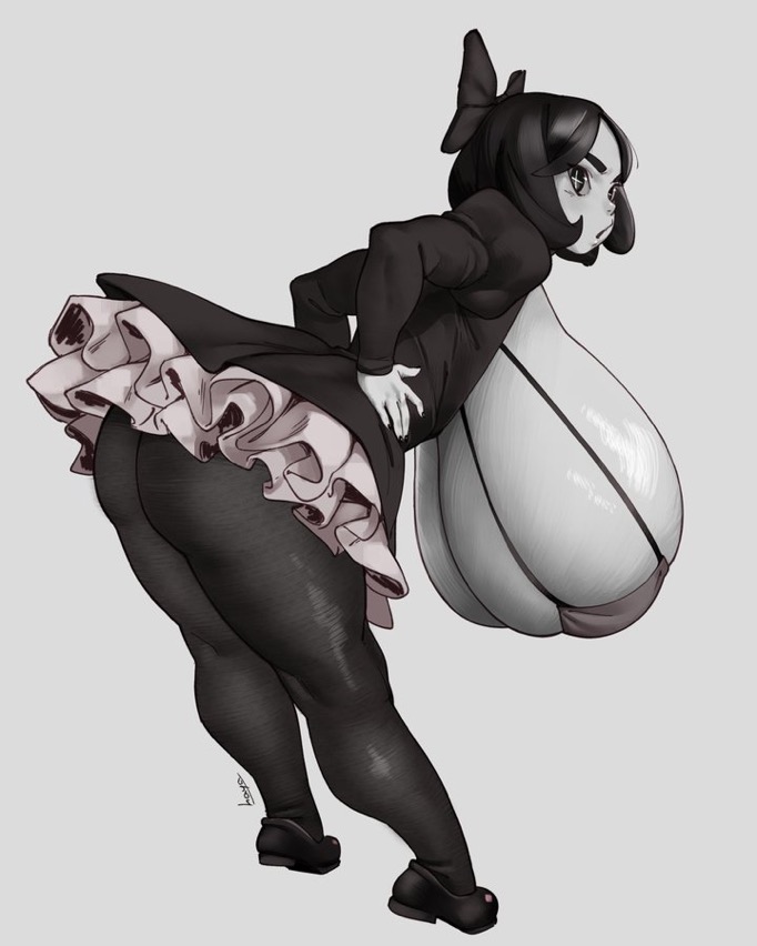 the image is a digital drawing of an animestyle girl. she's seen from behind, slightly turned to the right. she's wearing a black dress with a ruffled pink petticoat, black tights, and black shoes. she has large breasts, which are disproportionately large compared to the rest of her body. her hair is dark and pulled back with a bow. the overall style is grayscale with some shading to create depth. the image is stylized and appears to be fan art or original character design.
