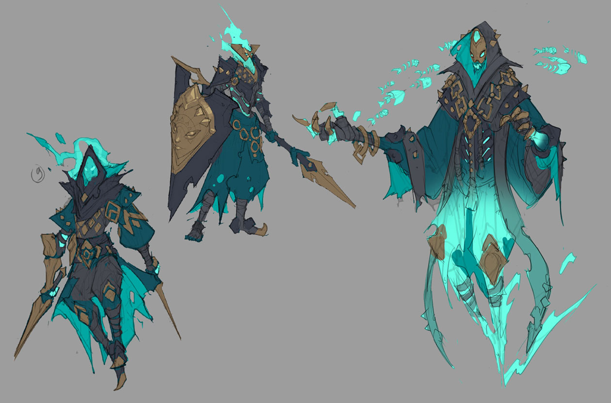 the image shows three concept art sketches of a spectral or ghostlike character.  the character designs share a similar aesthetic: a teal and gold color scheme, hooded figures with tattered clothing, and ethereal glowing effects suggesting spiritual energy. each sketch shows the character from a slightly different angle or in various poses, possibly showcasing different weapon options or stages of development. the style is painterly, with loose lines and color blending, suggesting an early design phase.  one character wields a spear and shield, another appears to hold a stafflike weapon, and the third is depicted in a more floating, ethereal pose. the overall feel is one of fantasy and mystical power.
