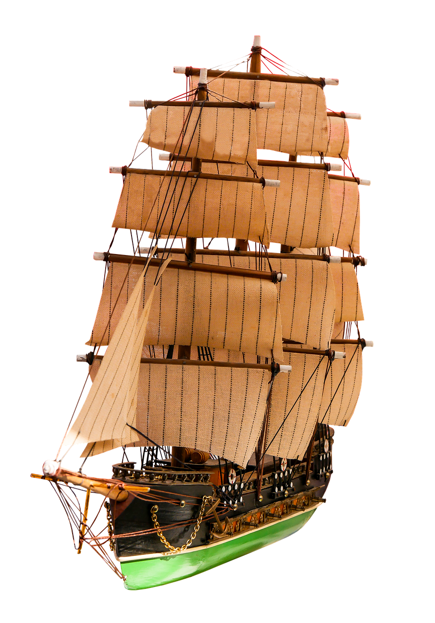 a detailed model of a tall sailing ship is displayed against a solid black background. the ship features numerous sails, masts, and intricate rigging. the hull of the ship has a green stripe along the bottom and a darkcolored body with decorative elements. the sails are a light tan color with vertical stripes. the model showcases craftsmanship and attention to detail, evoking a sense of maritime history and nautical artistry.