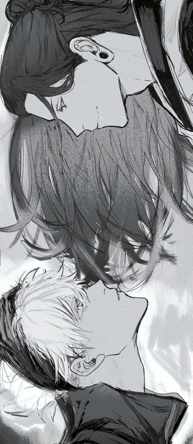 a grayscale manga style drawing of a couple. the man on top is looking at the man below him. the man on the bottom is looking up towards the other man, with their eyes closed. they are both very close, almost touching, with a very romantic feel to the image. the two men are drawn in a realistic style, with a lot of detail in their features and clothing. the background is very simple, leaving the focus on the couple. the artwork is filled with emotions, such as love, affection, and sorrow. the image feels very intimate and personal, as the couple is completely focused on each other. the manga style is very clear, with the use of bold lines and dark shading. the image is full of details and subtle features that bring the characters and their emotions to life.
