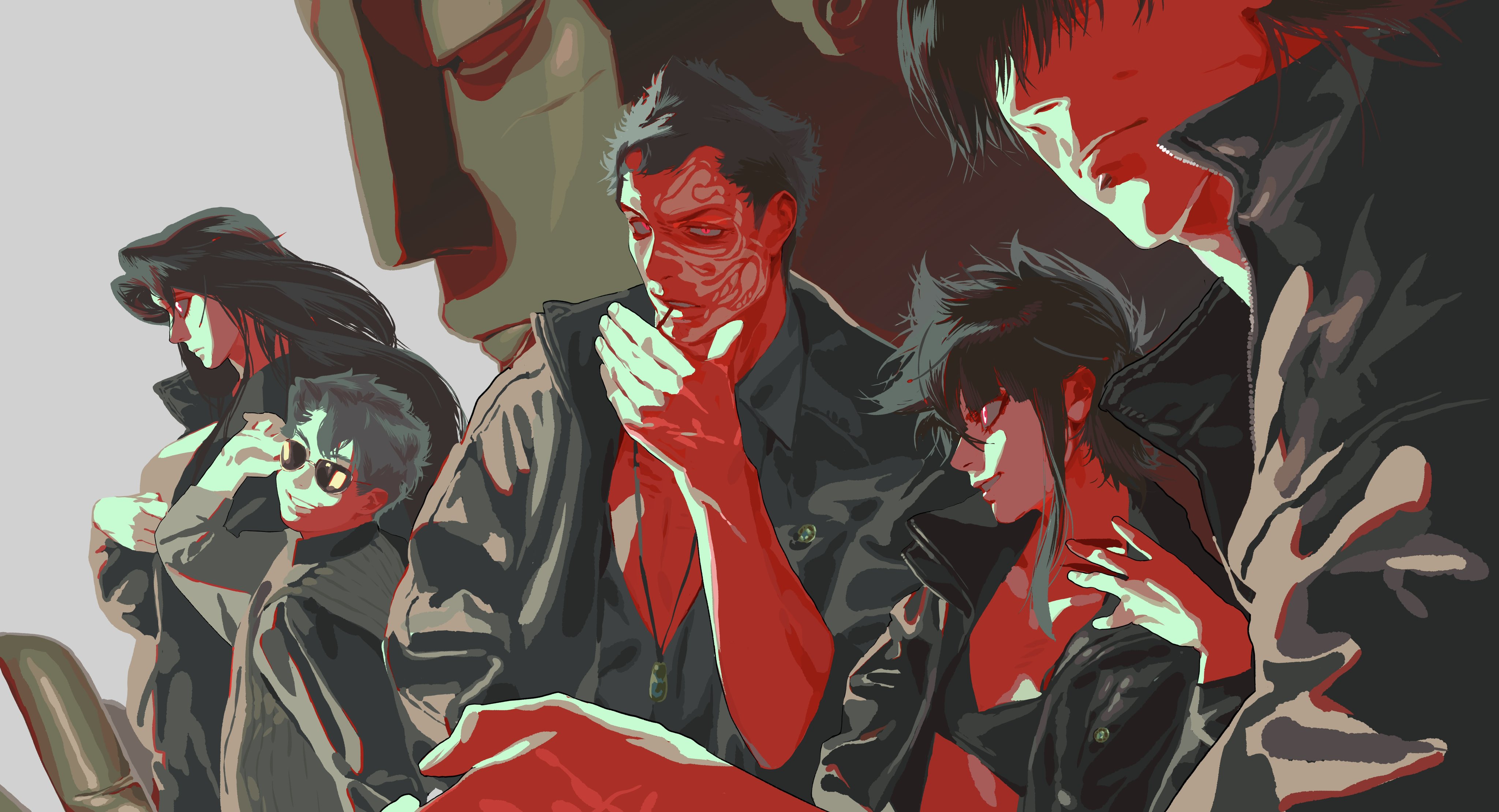 the image is an illustration featuring characters from the anime and manga series ghost in the shell. prominently displayed are motoko kusanagi, with her distinctive short haircut and attire, batou, a large imposing figure, and other members of section 9. the artwork is rendered in a stylized manner, with bold colors, strong lines, and dramatic lighting. the characters are depicted in their signature outfits, including black leather jackets and military uniforms. the overall impression is one of a cyberpunk aesthetic and a sense of camaraderie among the team.