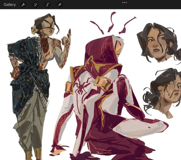 a digital sketch page of a south asian woman designed as a spiderperson character. the page features the character in various poses and outfits, showcasing her costume design and overall look. there are also closeup sketches of her face, highlighting her facial features and expressions. the art style is loose and painterly, emphasizing gesture and movement.