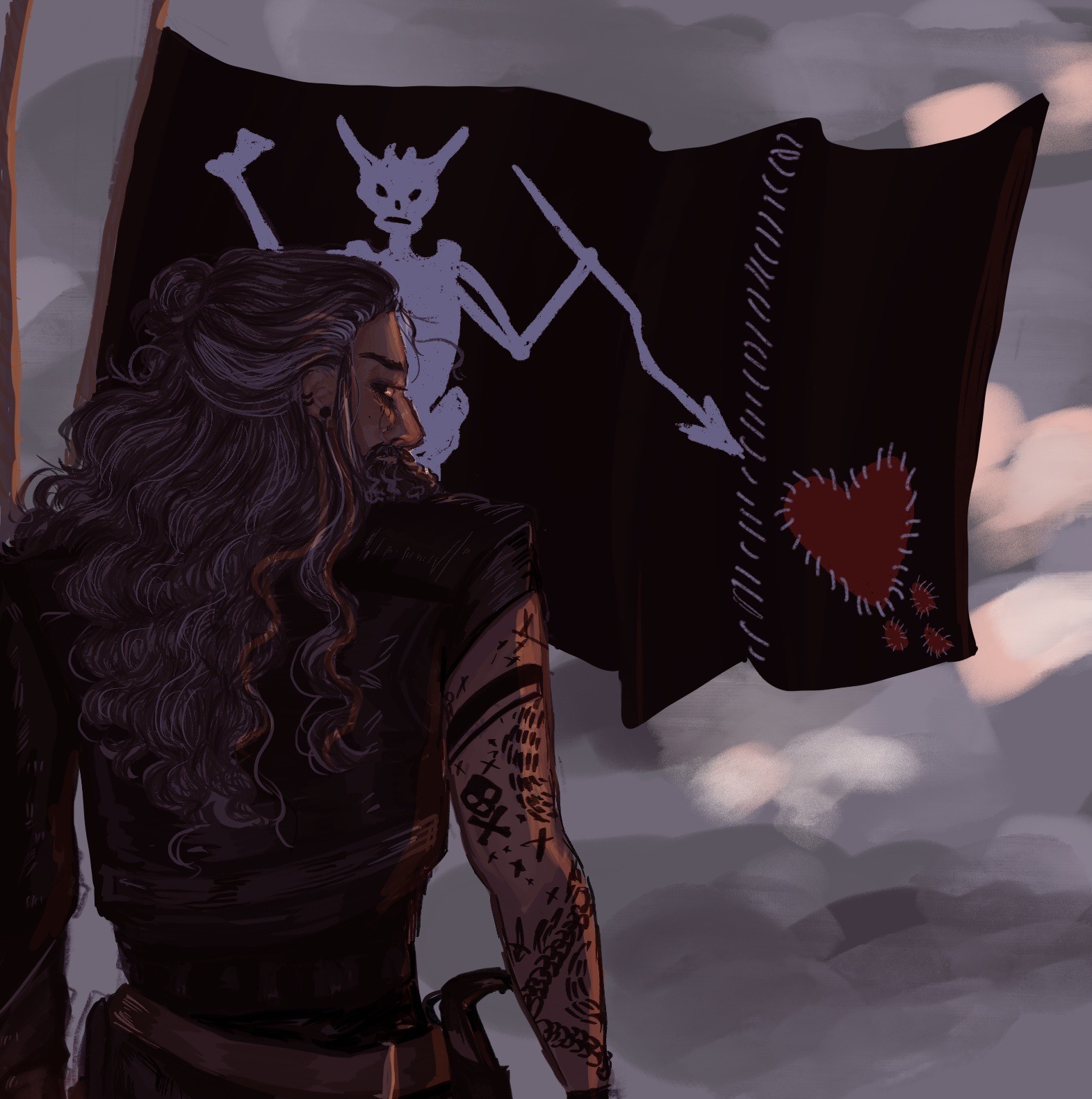 a dark, brooding image of a pirate with long, dark hair and intricate tattoos on his arm. he stands with his back to the viewer, gazing at a tattered black pirate flag that bears a skull and crossbones with a stitchedon red heart pierced by arrows. the scene is bathed in the warm glow of a setting sun.