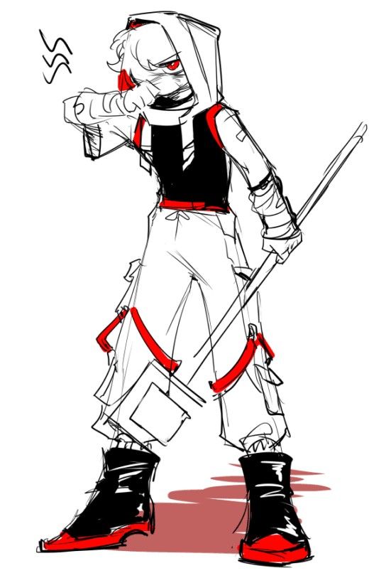 a black and white sketch of an original character. they are holding a staff and have one arm crossed over their chest. they are wearing a hooded jacket with cargo pants and boots. they have a mask covering the lower half of their face.