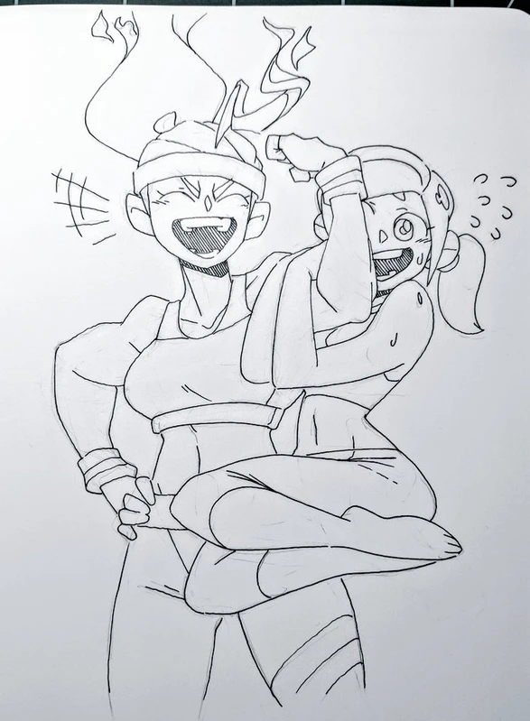 a black and white sketch of two girls. the girl on the left is laughing, and the girl on the right is smiling and holding her hands over her face. the girl on the left is holding the girl on the right by her waist. their poses are dynamic and energetic. the drawing is done with pen and ink.