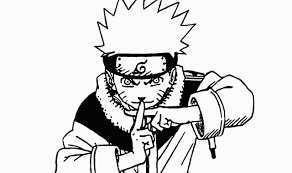 this black and white sketch features a frontfacing depiction of naruto uzumaki, the protagonist from the anime series, "naruto." he is wearing his signature orange and blue ninja attire and headband. with his index finger held to his lips, he gestures for silence, his expression a mix of seriousness and mischievousness.  this image showcases the artist's clean line work and attention to detail in capturing naruto's distinctive features.