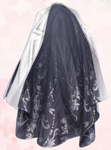 this is a back view of a long black and white dress. the dress has a black underlayer with a sheer white outer layer. the black underlayer is adorned with silver floral and leafy patterns. the sheer white layer has silverlined edges.